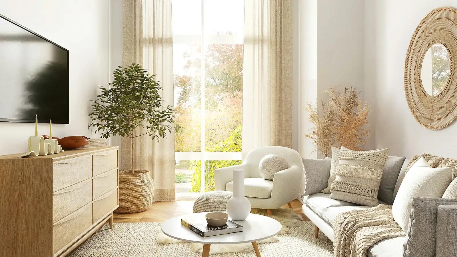 Staged living room with neutral furnishings and natural light
